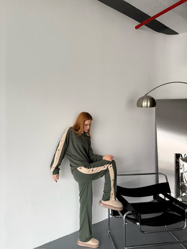 TKM-1110 Haki Modal Kumaş Çıtçıt Detaylı Salaş Bluz Palazzo Pantolon İkili Takım - 5