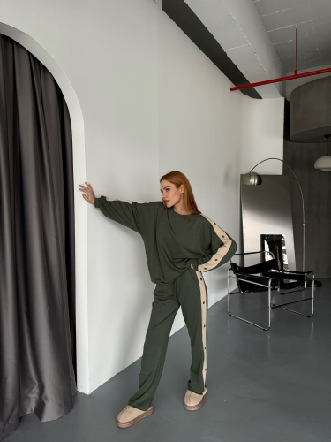 TKM-1110 Haki Modal Kumaş Çıtçıt Detaylı Salaş Bluz Palazzo Pantolon İkili Takım 