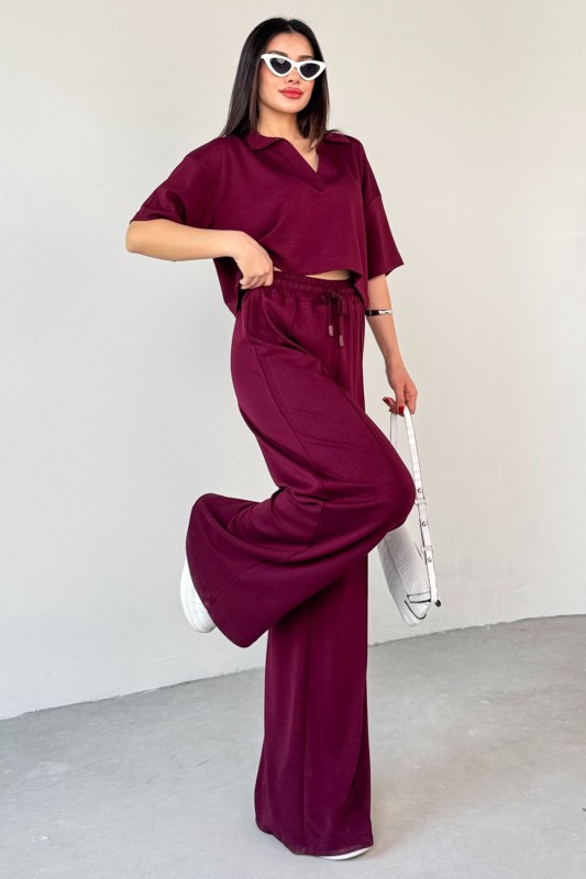 TKM-1112 Bordo Modal Kumaş Polo V Yaka Bluz Bel Lastikli Palazzo Alt İkili Takım - 3
