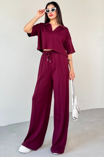 TKM-1112 Bordo Modal Kumaş Polo V Yaka Bluz Bel Lastikli Palazzo Alt İkili Takım 