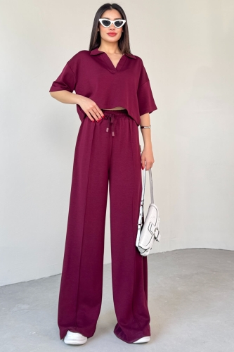 TKM-1112 Bordo Modal Kumaş Polo V Yaka Bluz Bel Lastikli Palazzo Alt İkili Takım - 4