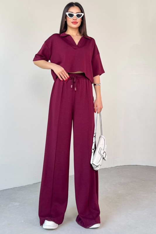 TKM-1112 Bordo Modal Kumaş Polo V Yaka Bluz Bel Lastikli Palazzo Alt İkili Takım - 4