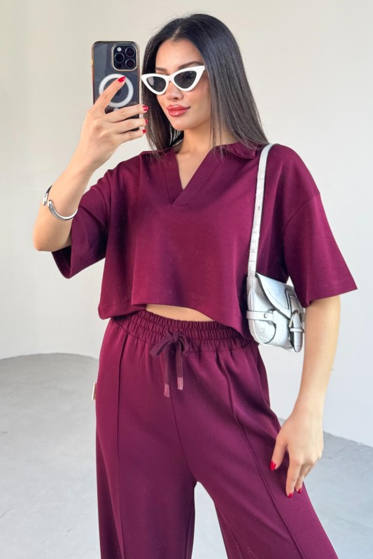 TKM-1112 Bordo Modal Kumaş Polo V Yaka Bluz Bel Lastikli Palazzo Alt İkili Takım - 5