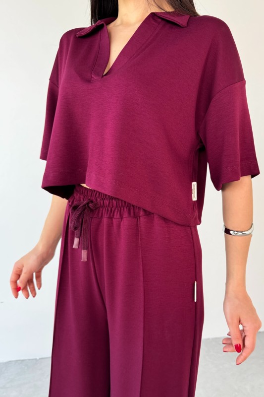 TKM-1112 Bordo Modal Kumaş Polo V Yaka Bluz Bel Lastikli Palazzo Alt İkili Takım - 6