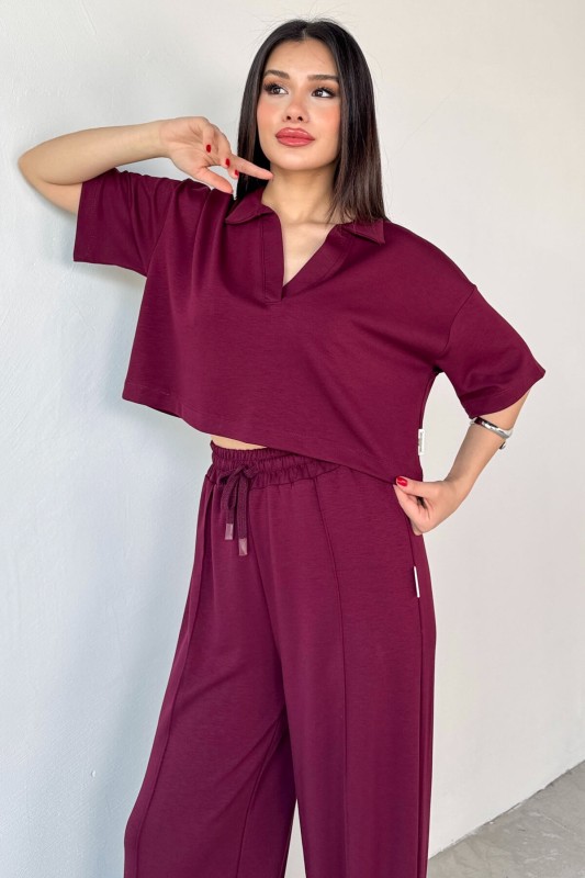 TKM-1112 Bordo Modal Kumaş Polo V Yaka Bluz Bel Lastikli Palazzo Alt İkili Takım - 2