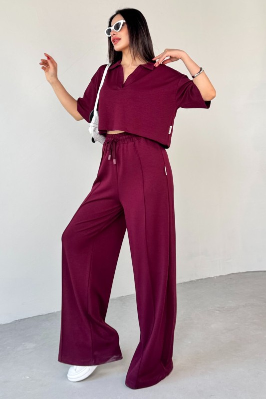 TKM-1112 Bordo Modal Kumaş Polo V Yaka Bluz Bel Lastikli Palazzo Alt İkili Takım - 7