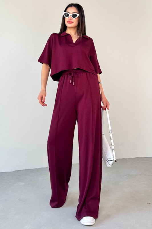 TKM-1112 Bordo Modal Kumaş Polo V Yaka Bluz Bel Lastikli Palazzo Alt İkili Takım - 8