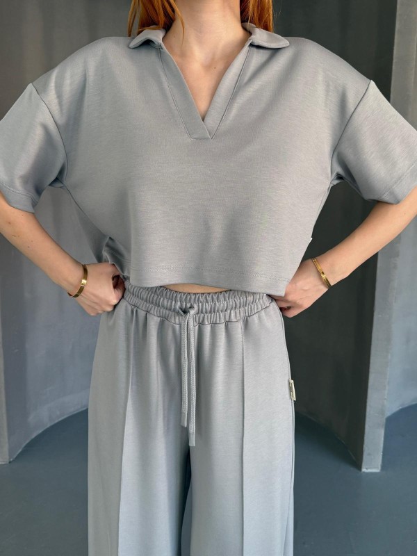 TKM-1112 Boyama Gri Modal Kumaş Polo V Yaka Bluz Bel Lastikli Palazzo Alt İkili Takım - 2