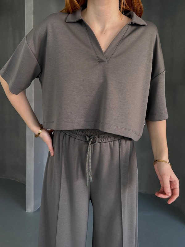 TKM-1112 Füme Modal Kumaş Polo V Yaka Bluz Bel Lastikli Palazzo Alt İkili Takım - 2
