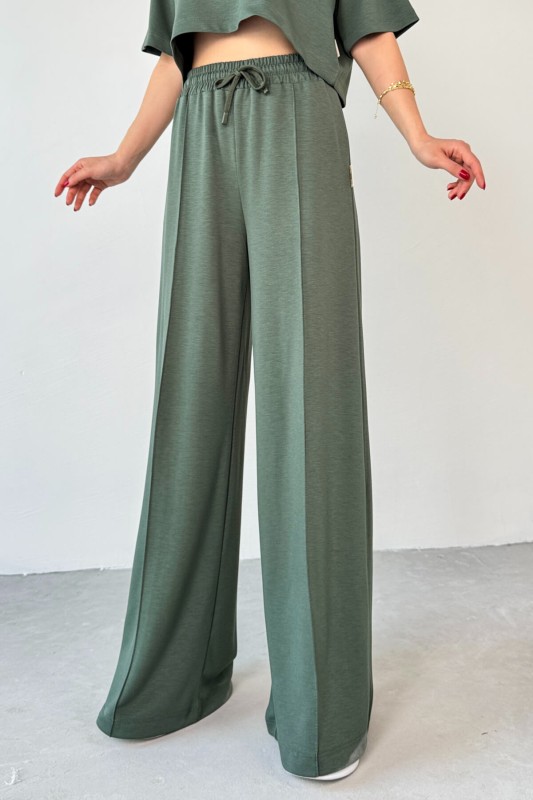 TKM-1112 Haki Modal Kumaş Polo V Yaka Bluz Bel Lastikli Palazzo Alt İkili Takım - 3