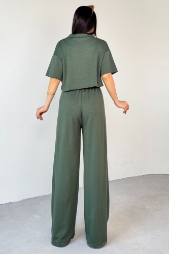 TKM-1112 Haki Modal Kumaş Polo V Yaka Bluz Bel Lastikli Palazzo Alt İkili Takım - 4