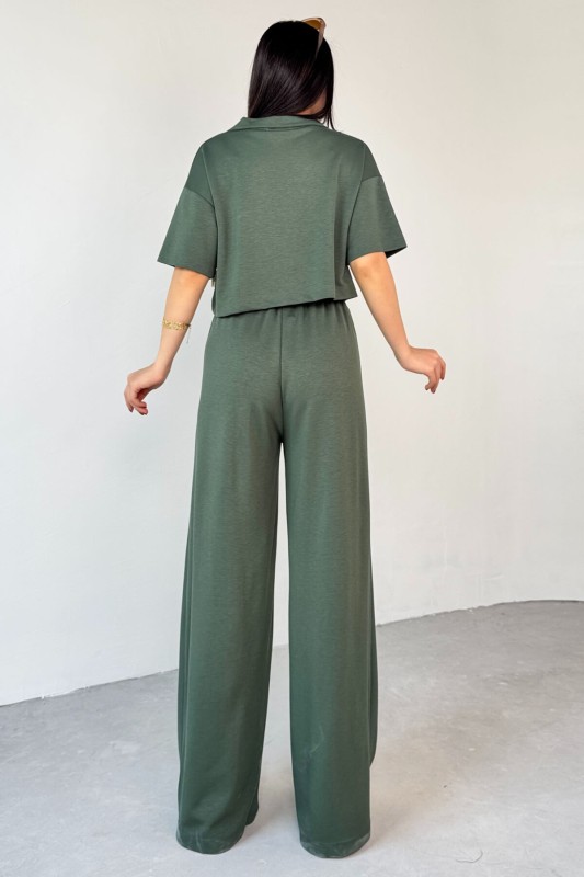 TKM-1112 Haki Modal Kumaş Polo V Yaka Bluz Bel Lastikli Palazzo Alt İkili Takım - 4