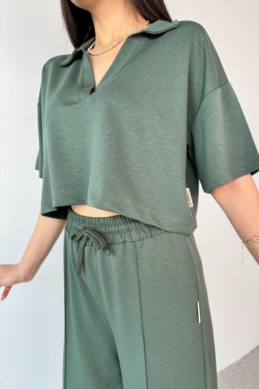 TKM-1112 Haki Modal Kumaş Polo V Yaka Bluz Bel Lastikli Palazzo Alt İkili Takım - 5