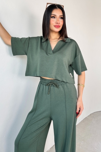 TKM-1112 Haki Modal Kumaş Polo V Yaka Bluz Bel Lastikli Palazzo Alt İkili Takım - 2