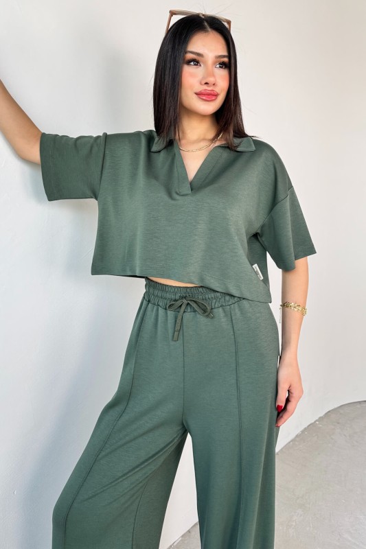 TKM-1112 Haki Modal Kumaş Polo V Yaka Bluz Bel Lastikli Palazzo Alt İkili Takım - 2