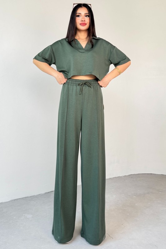 TKM-1112 Haki Modal Kumaş Polo V Yaka Bluz Bel Lastikli Palazzo Alt İkili Takım - 6