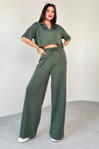 TKM-1112 Haki Modal Kumaş Polo V Yaka Bluz Bel Lastikli Palazzo Alt İkili Takım 