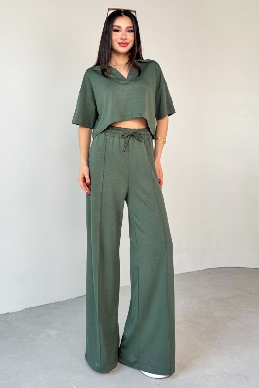 TKM-1112 Haki Modal Kumaş Polo V Yaka Bluz Bel Lastikli Palazzo Alt İkili Takım - 7