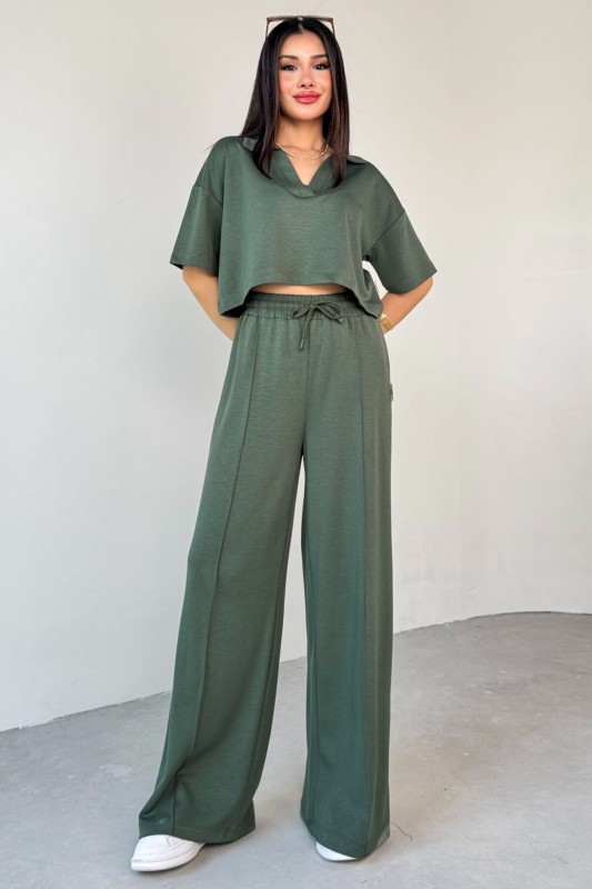 TKM-1112 Haki Modal Kumaş Polo V Yaka Bluz Bel Lastikli Palazzo Alt İkili Takım - 8