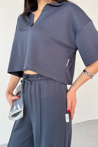 TKM-1112 İndigo Mavisi Modal Kumaş Polo V Yaka Bluz Bel Lastikli Palazzo Alt İkili Takım - 4