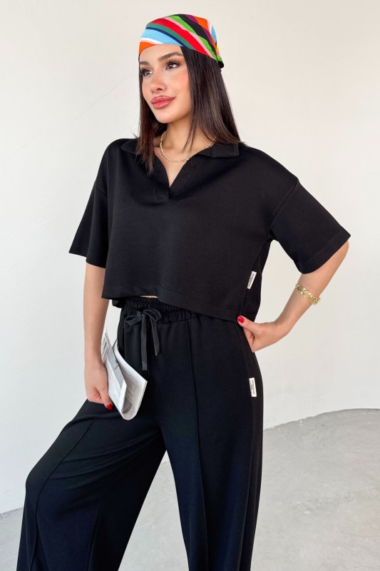 TKM-1112 Siyah Modal Kumaş Polo V Yaka Bluz Bel Lastikli Palazzo Alt İkili Takım - 2