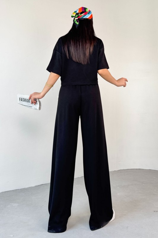 TKM-1112 Siyah Modal Kumaş Polo V Yaka Bluz Bel Lastikli Palazzo Alt İkili Takım - 3