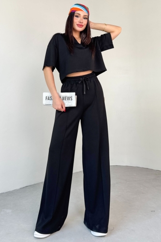 TKM-1112 Siyah Modal Kumaş Polo V Yaka Bluz Bel Lastikli Palazzo Alt İkili Takım 