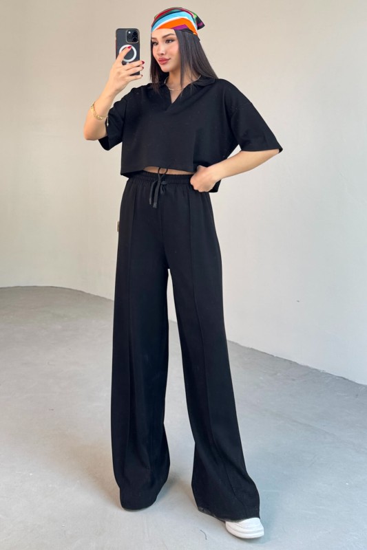 TKM-1112 Siyah Modal Kumaş Polo V Yaka Bluz Bel Lastikli Palazzo Alt İkili Takım - 5