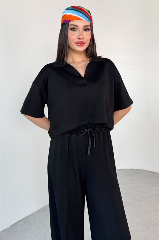 TKM-1112 Siyah Modal Kumaş Polo V Yaka Bluz Bel Lastikli Palazzo Alt İkili Takım - 7