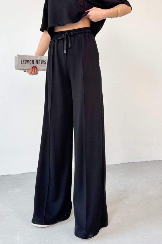 TKM-1112 Siyah Modal Kumaş Polo V Yaka Bluz Bel Lastikli Palazzo Alt İkili Takım - 8