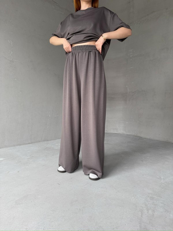 TKM-1113 Antrasit Oysh Kumaş Yarım Kol Basic Bluz Palazzo Bel Lastikli Alt İkili Takım
