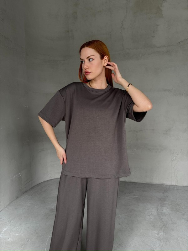 TKM-1113 Antrasit Oysh Kumaş Yarım Kol Basic Bluz Palazzo Bel Lastikli Alt İkili Takım