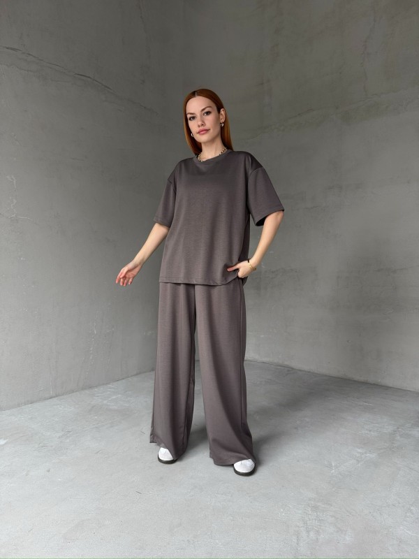 TKM-1113 Antrasit Oysh Kumaş Yarım Kol Basic Bluz Palazzo Bel Lastikli Alt İkili Takım