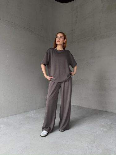 TKM-1113 Antrasit Modal Kumaş Yarım Kol Basic Bluz Palazzo Bel Lastikli Alt İkili Takım 