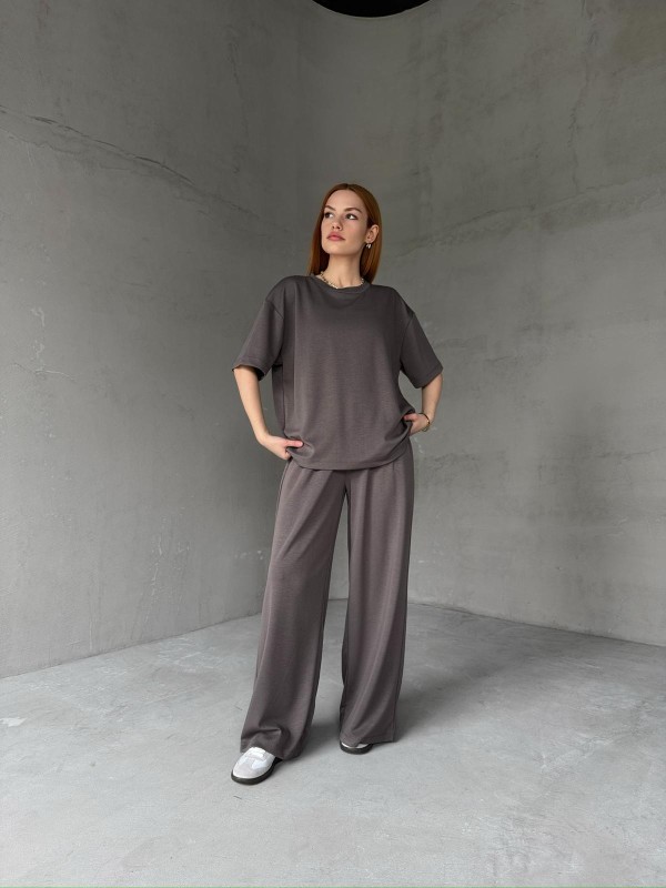 TKM-1113 Antrasit Oysh Kumaş Yarım Kol Basic Bluz Palazzo Bel Lastikli Alt İkili Takım