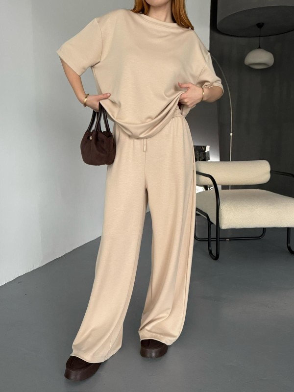 TKM-1113 Bej Rengi Oysh Kumaş Yarım Kol Basic Bluz Palazzo Bel Lastikli Alt İkili Takım