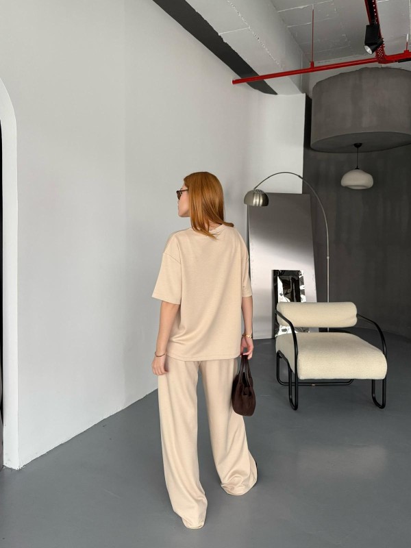 TKM-1113 Bej Rengi Oysh Kumaş Yarım Kol Basic Bluz Palazzo Bel Lastikli Alt İkili Takım