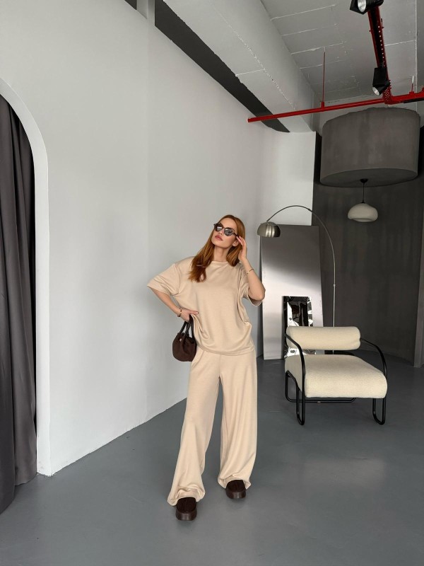 TKM-1113 Bej Rengi Oysh Kumaş Yarım Kol Basic Bluz Palazzo Bel Lastikli Alt İkili Takım