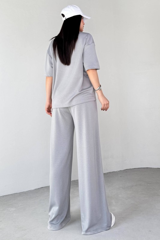 TKM-1113 Boyama Gri Modal Kumaş Yarım Kol Basic Bluz Palazzo Bel Lastikli Alt İkili Takım - 3