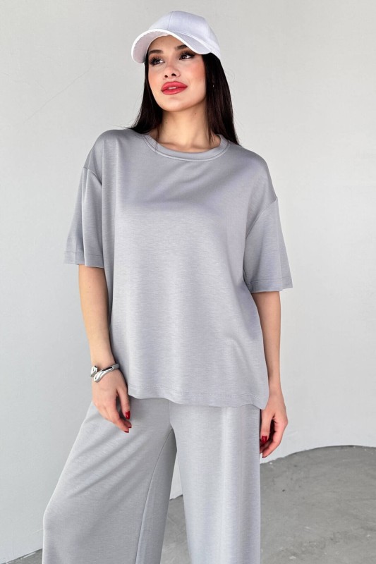 TKM-1113 Boyama Gri Modal Kumaş Yarım Kol Basic Bluz Palazzo Bel Lastikli Alt İkili Takım - 2