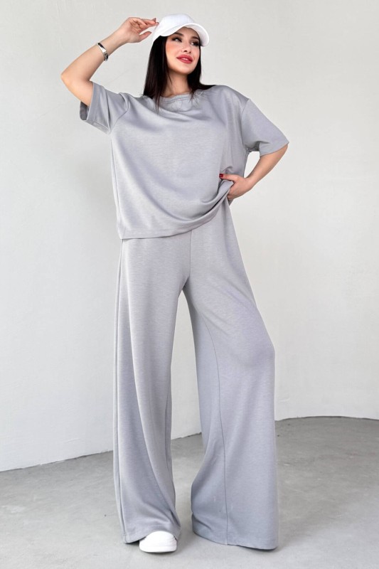 TKM-1113 Boyama Gri Modal Kumaş Yarım Kol Basic Bluz Palazzo Bel Lastikli Alt İkili Takım - 4