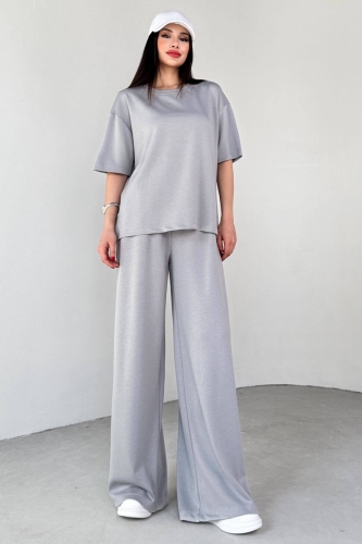 TKM-1113 Boyama Gri Modal Kumaş Yarım Kol Basic Bluz Palazzo Bel Lastikli Alt İkili Takım 