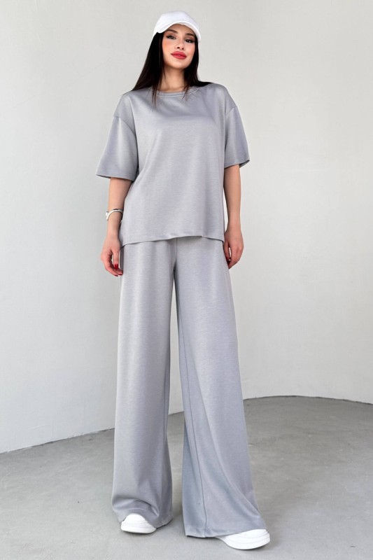 TKM-1113 Boyama Gri Modal Kumaş Yarım Kol Basic Bluz Palazzo Bel Lastikli Alt İkili Takım - 1