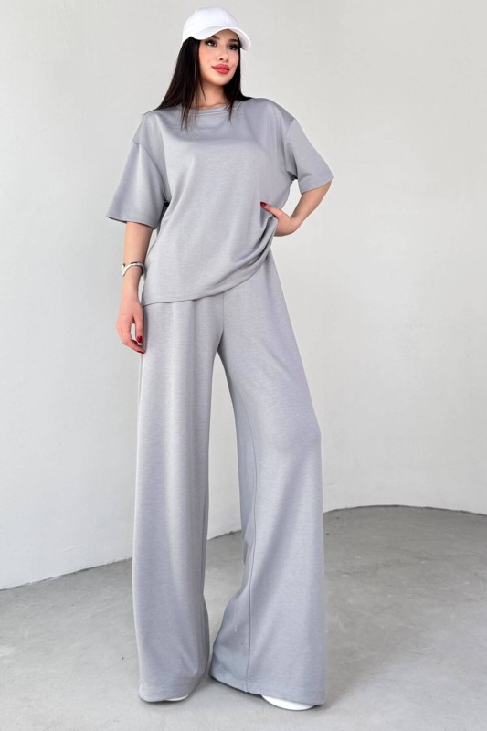 TKM-1113 Boyama Gri Modal Kumaş Yarım Kol Basic Bluz Palazzo Bel Lastikli Alt İkili Takım - 5
