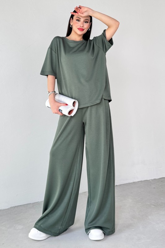 TKM-1113 Haki Modal Kumaş Yarım Kol Basic Bluz Palazzo Bel Lastikli Alt İkili Takım - 3