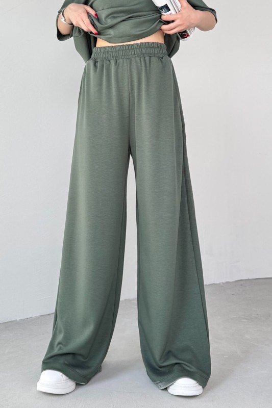 TKM-1113 Haki Modal Kumaş Yarım Kol Basic Bluz Palazzo Bel Lastikli Alt İkili Takım - 4