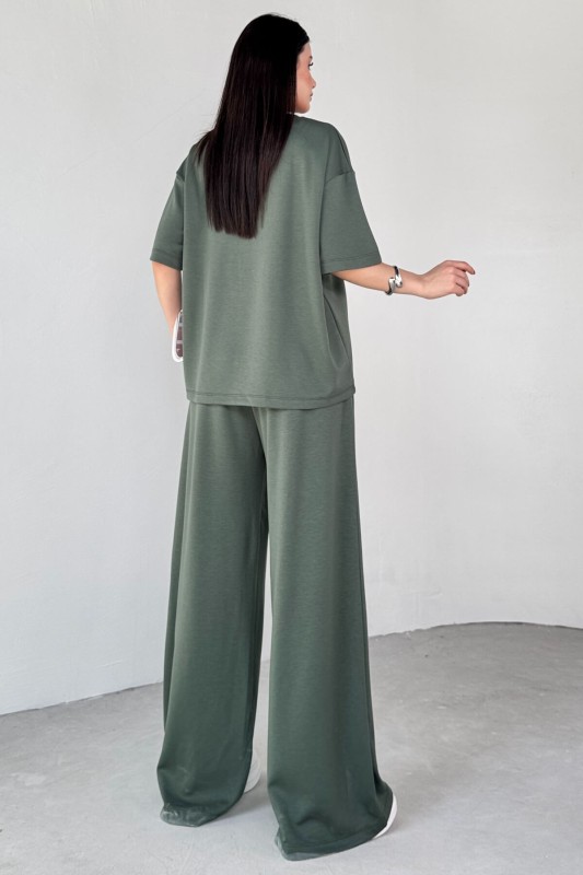 TKM-1113 Haki Modal Kumaş Yarım Kol Basic Bluz Palazzo Bel Lastikli Alt İkili Takım - 5