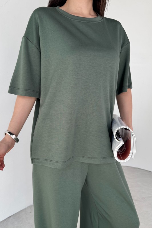 TKM-1113 Haki Modal Kumaş Yarım Kol Basic Bluz Palazzo Bel Lastikli Alt İkili Takım - 6