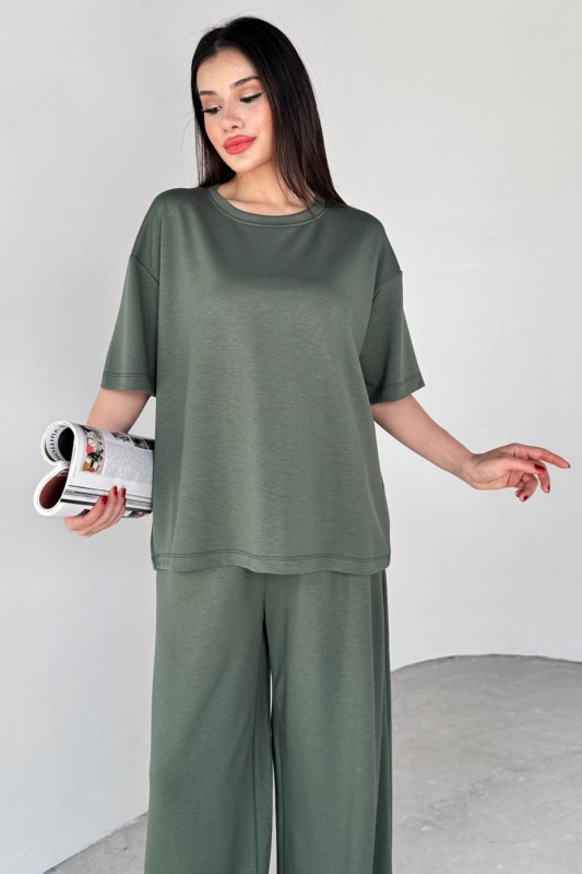 TKM-1113 Haki Modal Kumaş Yarım Kol Basic Bluz Palazzo Bel Lastikli Alt İkili Takım - 2