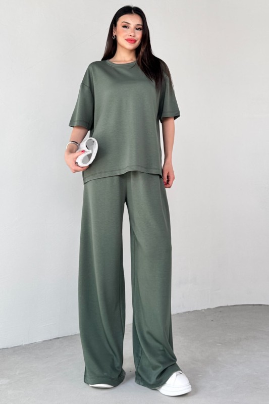 TKM-1113 Haki Modal Kumaş Yarım Kol Basic Bluz Palazzo Bel Lastikli Alt İkili Takım - 1
